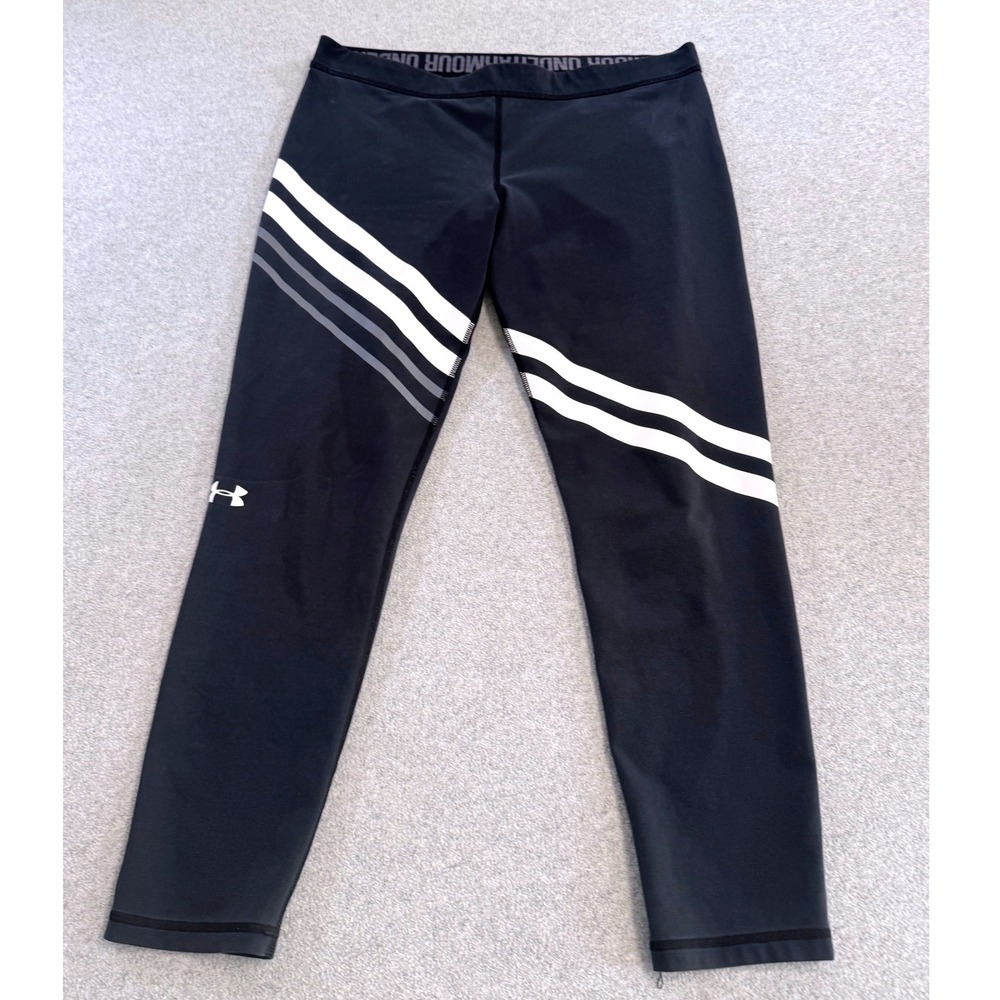 Under Armour Leggings Womens‎ XL Black White Striped HeatGear Fitted Athleisure